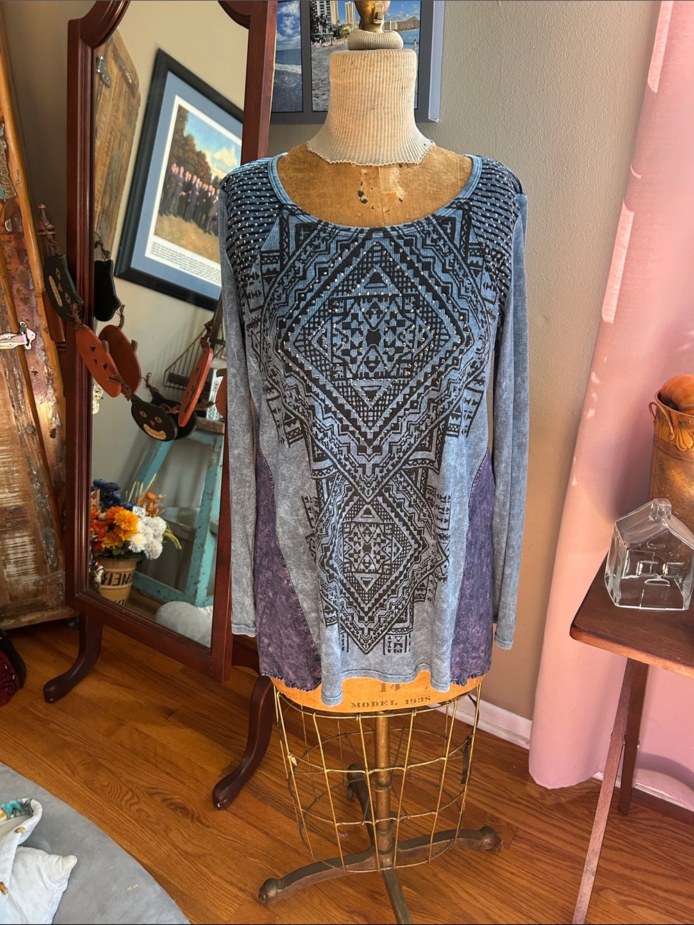 Be Vocal Blue/Black Aztec Print Long Sleeve Tee with Purple Panels | Medium
